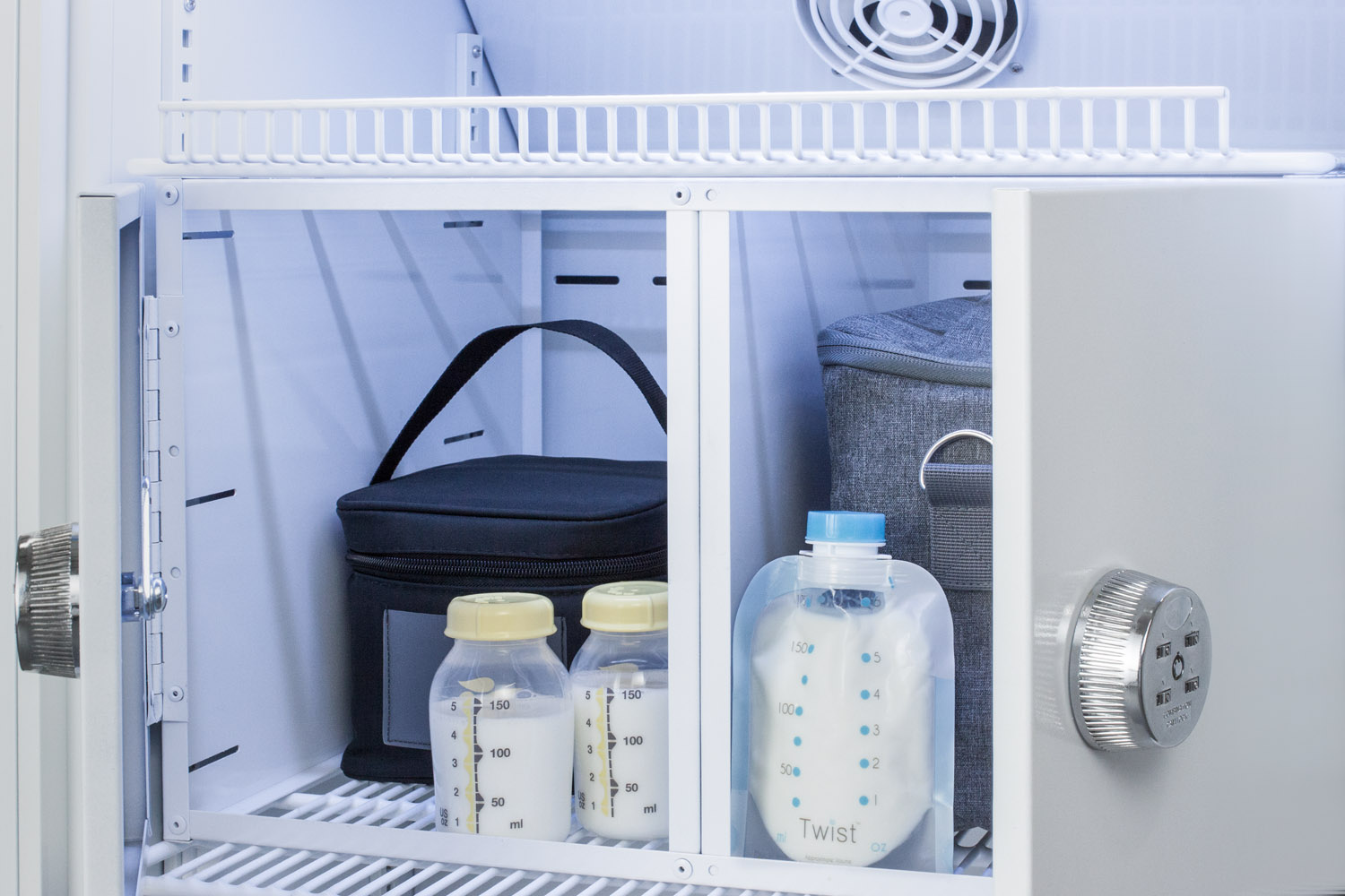 Purpose-built all-refrigerator for breast milk storage with 6 interior locking compartments, antimicrobial silver-ion handle, and hospital grade cord with 'green dot' plug